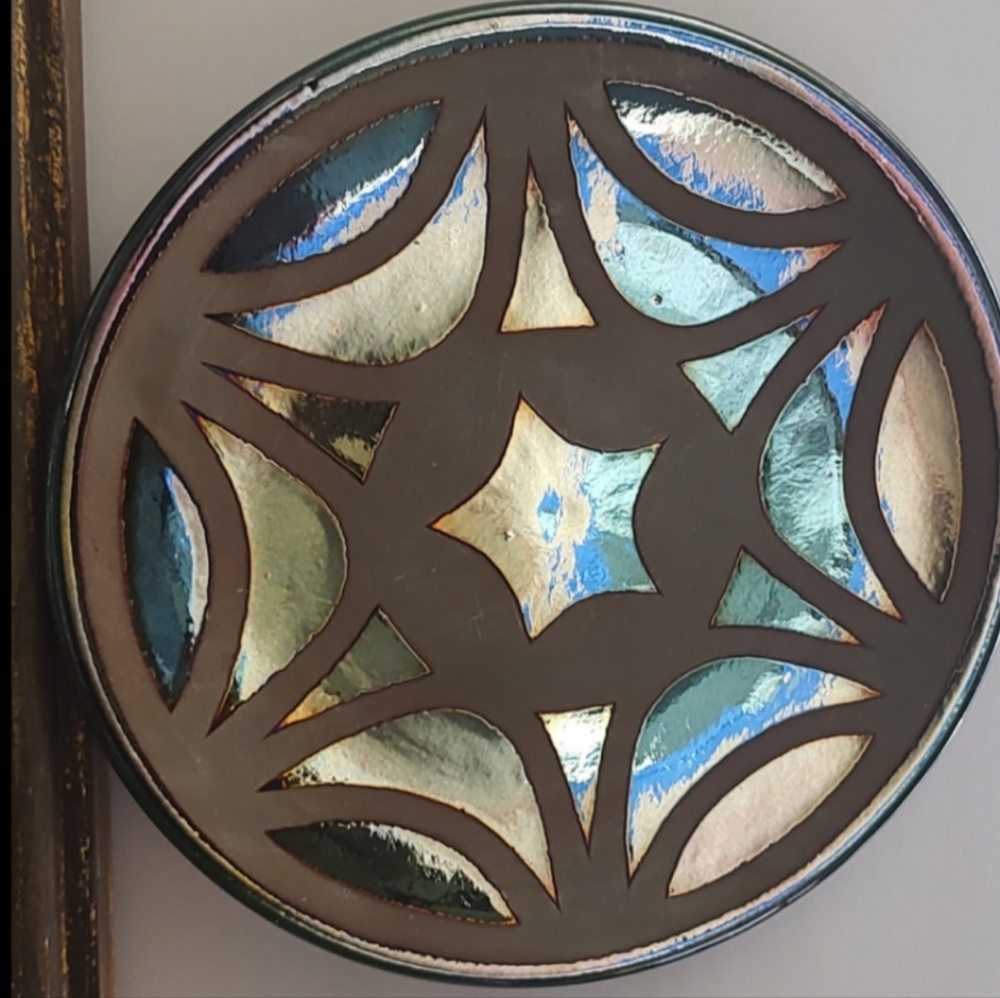 Reflection Ware Glazed Pottery Silver Overlay on Brown Clay Pottery Plate Spain